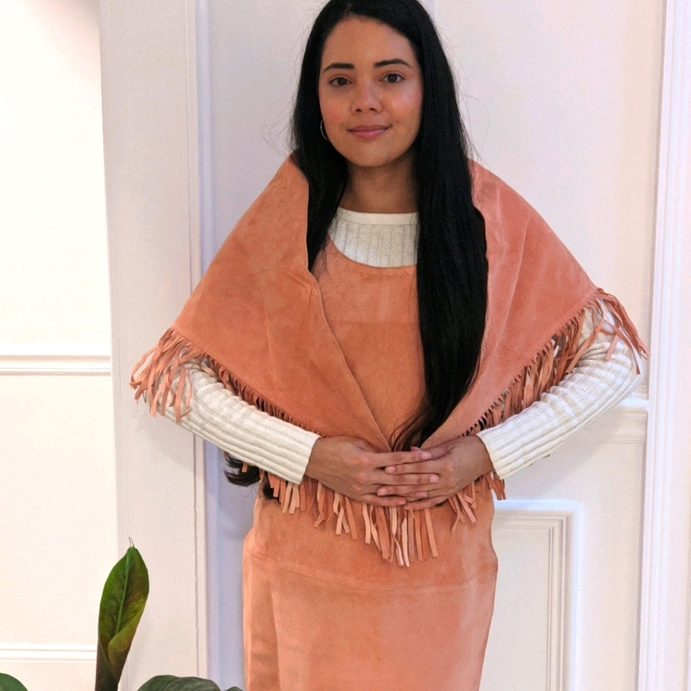 Vintage pink suede dress w/ fringe scarf